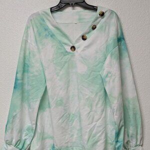 Green and White Tie Dye V-Neck Long Sleeves Sweatshirt Top with Four Buttons - M